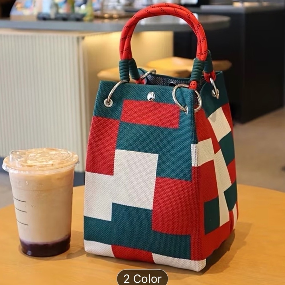 Geometric Pattern Top-Handle Tote Bag in Red, Teal & White
